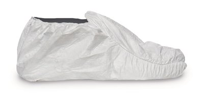 Sobresapato branco Tyvek® 500 antiderrapante para laboratórios, com tornozelo elástico e sola segura, disponível em tamanhos 36-46 e vendido individualmente, em pacotes de 20 ou caixas de 200 unidades.