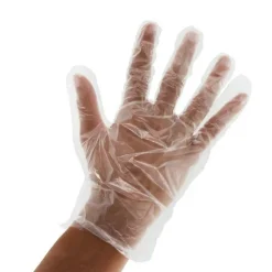 Luvas Deli descartáveis para manipulação de alimentos, prevenção de contaminação, vendidas em pacotes de 100 unidades.