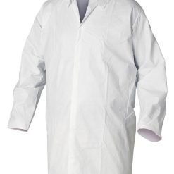Jaqueta laboratorial Tyvek® 500 sem bolsos (certificação CE CAT III), com fecho em press-stud e punhos elásticos, disponível em tamanhos M-XXL e vendida individualmente ou em caixas de 50 unidades.