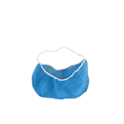 Toucas descartáveis para barba em TNT, ideais para prevenção de contaminação cruzada na indústria alimentar e farmacêutica, disponíveis em branco/azul (100unid/pacote).