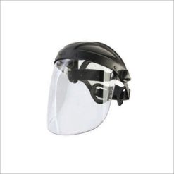 Protetor facial transparente (acetato 1mm) com suporte frontal ajustável, resistente a impactos e salpicos (EN 166), vendido individualmente ou em caixas de 10 unidades.