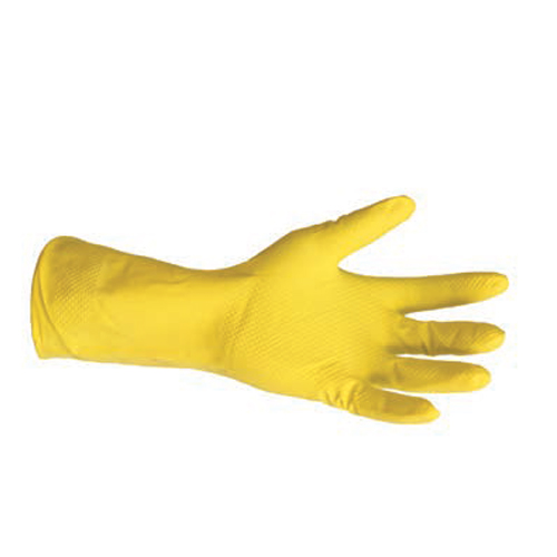 Luva doméstica amarela em latex reutilizável, com tratamento anti-alérgico, tamanhos S-XL (venda por par).