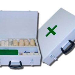 Kit de primeiros socorros industrial completo conforme Regulamento 3, com suprimentos essenciais para atendimento emergencial em fábricas e armazéns.
