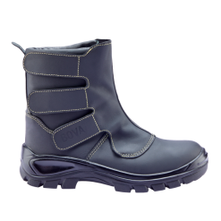 Bota industrial em couro integral com proteção térmica (300°C), biqueira de alumínio, forro em Kevlar, sola anti-calor e palmilha antibacteriana, ideal para soldadura e ambientes de alta temperatura.