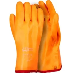 Luva de proteção em PVC com forro em pele, ideal para ambientes húmidos e frios, garantindo higiene e isolamento térmico.