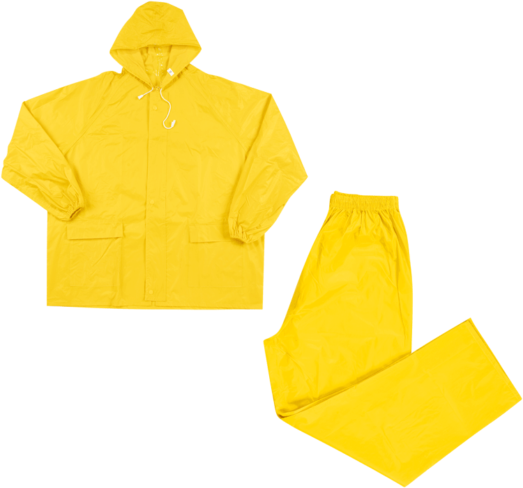 Fato de chuva em PVC (2 peças) com capuz ajustável, reforços nas costuras, ventilação traseira e punhos elásticos, disponível em amarelo, azul-marinho e laranja, vendido individualmente.