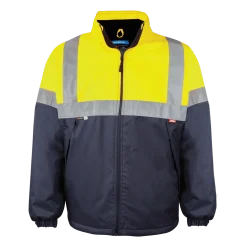 Casaco impermeável com forro polar e detalhes em 2 tons refletores (laranja/azul ou amarelo/azul).
