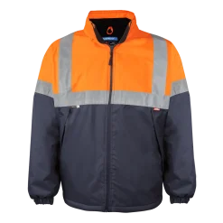 Casaco impermeável com forro polar e detalhes em 2 tons refletores (laranja/azul ou amarelo/azul).