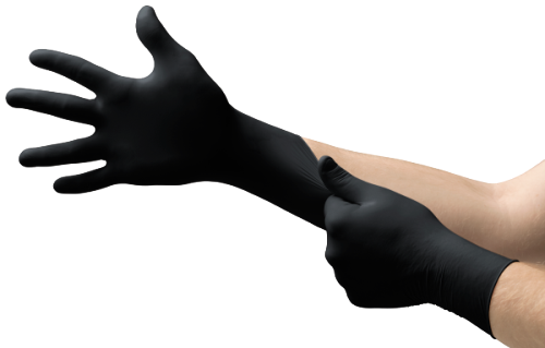 Luvas MICROFLEX® 93-852 em nitrilo preto texturado, sem pó/silicone, resistentes a químicos (EN ISO 374 Tipo B) e ideais para mecânica, emergências e manipulação alimentar.