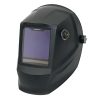 Capacete de soldadura com tecnologia de escurecimento automático, protegendo contra radiação UV/IR e ajustando instantaneamente a tonalidade da lente (evitando "flash ocular"). Funciona com energia solar (luz da solda/ambiente) ou bateria, incluindo modo de espera para economia de energia.