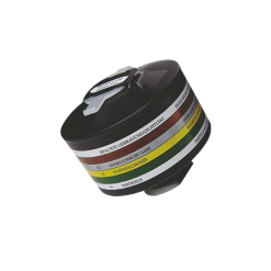 Cartucho filtrante combinado, composto por filtro de partículas tipo P3 e filtro de gases classe K2, com carvão ativado impregnado para a filtragem eficaz de amónia (NH₃) e vapores associados.