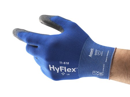 A HyFlex® 11-618 é uma luva extremamente fina e leve, que se ajusta à mão como uma segunda pele. Oferece conforto, sensibilidade e precisão excecionais para o manuseamento de peças delicadas. Apesar da leveza, mantém uma boa resistência mecânica para aplicações ligeiras em ambientes secos ou ligeiramente oleosos.