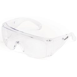 Os óculos de segurança WRAP AROUND DV-1C oferecem proteção periférica com lentes anti-embaçantes e design sobreposto, ideais para uso profissional com óculos graduados.